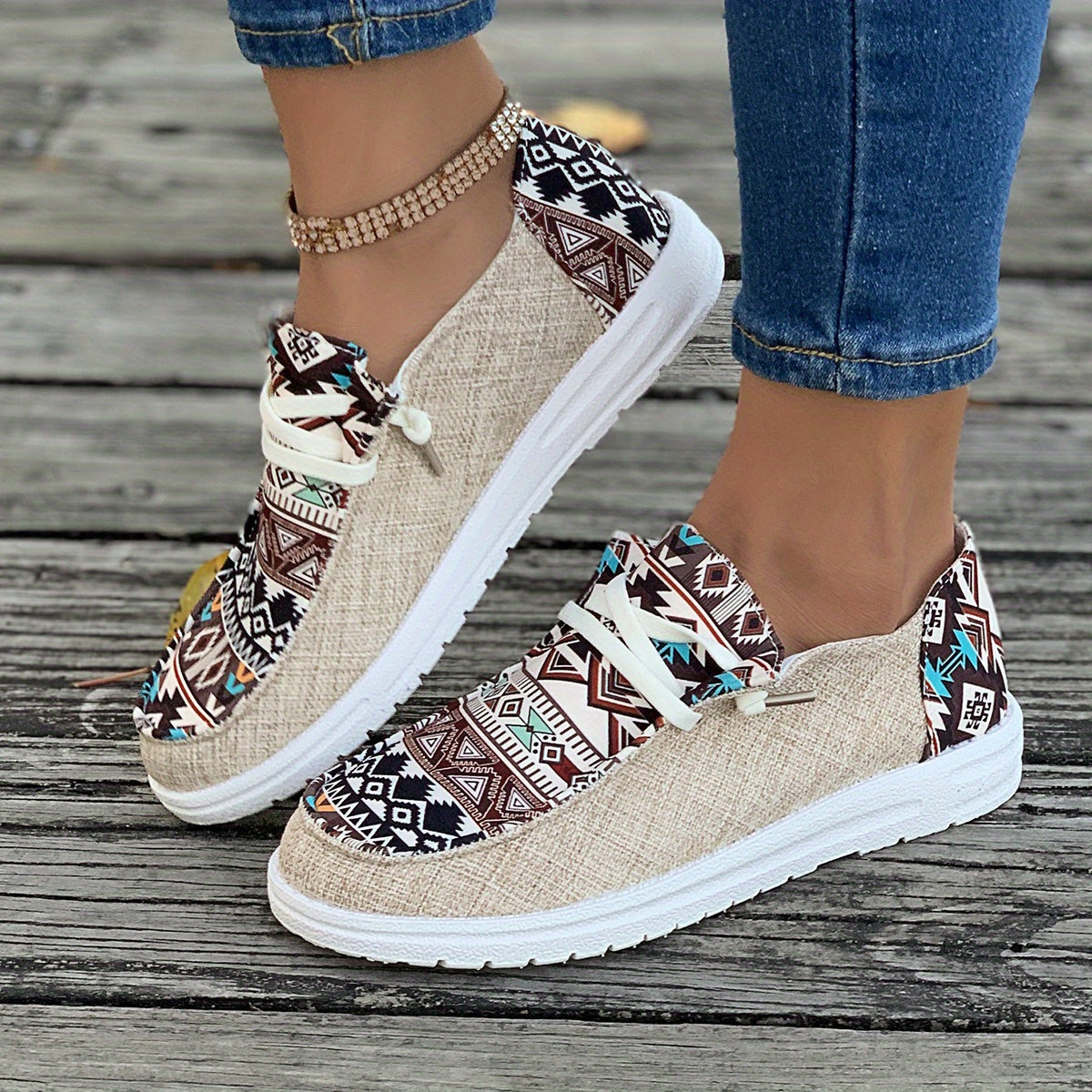 Women's Tribal Pattern Canvas Shoes, Casual Round Toe Low Top Flat Sneakers, Lightweight Outdoor Walking Shoes