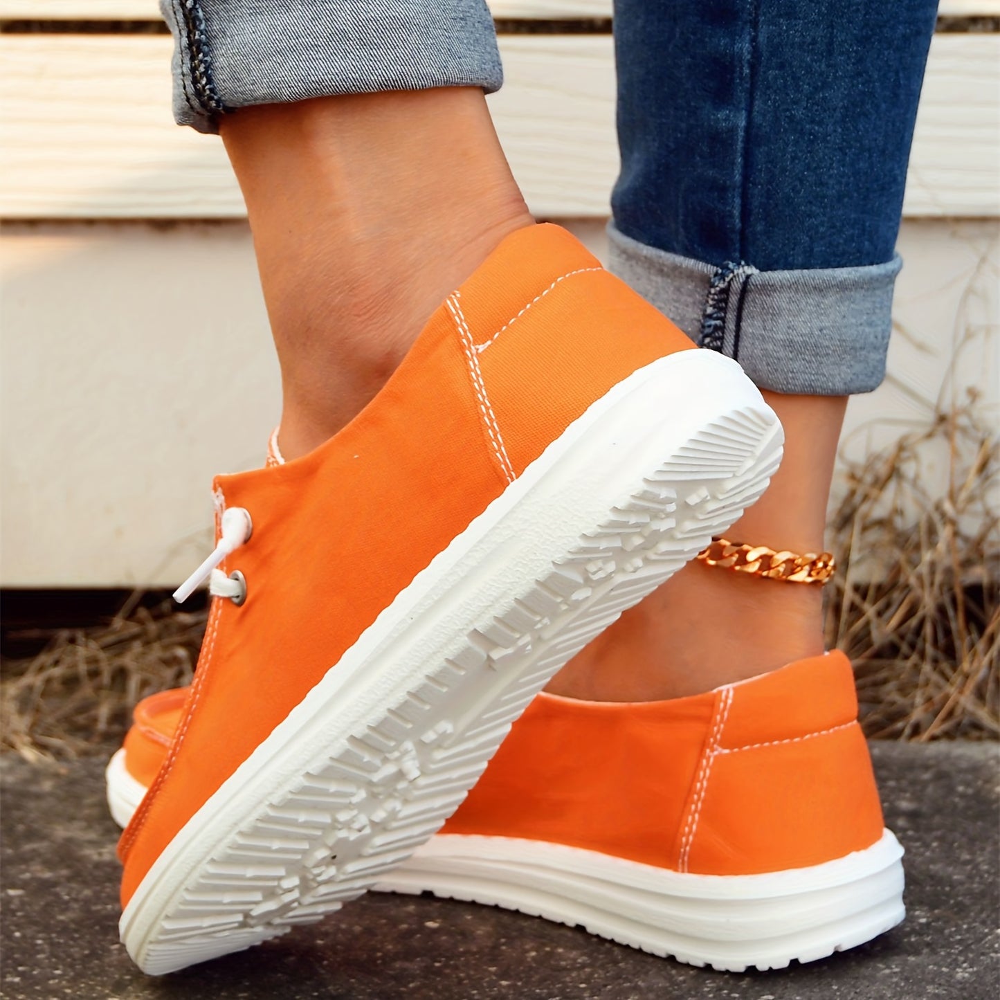 Women's Orange Canvas Shoes, Low Top Lace Up Round Toe Casual Shoes, Women's Lightweight Footwear
