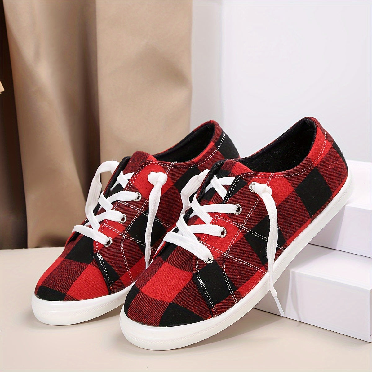 Women's Colorblock Plaid Pattern Shoes, Slip On Low-top Round Toe Non-slip Outdoor Canvas Shoes, Casual Daily Shoes