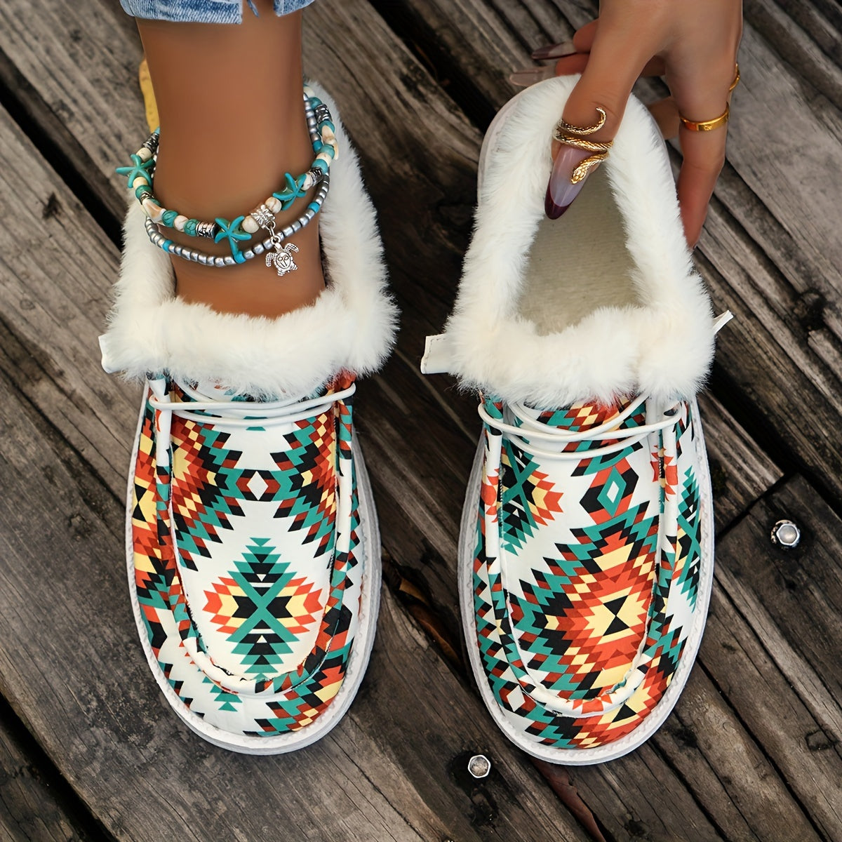 Women's Tribal Pattern Canvas Shoes, Plush Lined Low Top Flat Walking Shoes, Winter Warm Sneakers