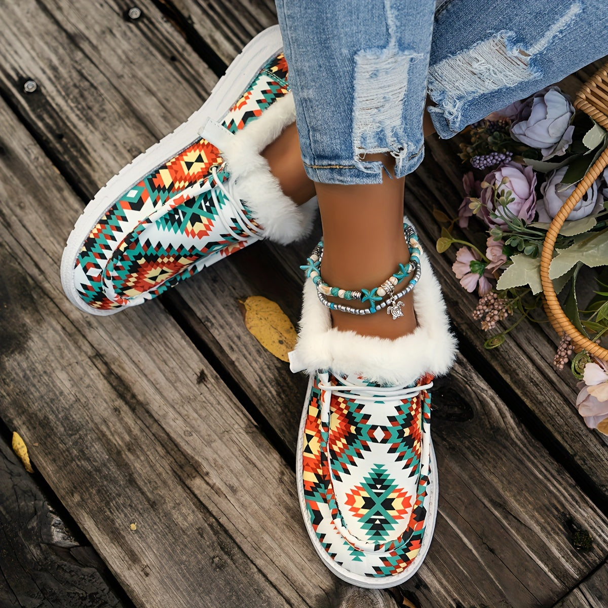 Women's Tribal Pattern Canvas Shoes, Plush Lined Low Top Flat Walking Shoes, Winter Warm Sneakers